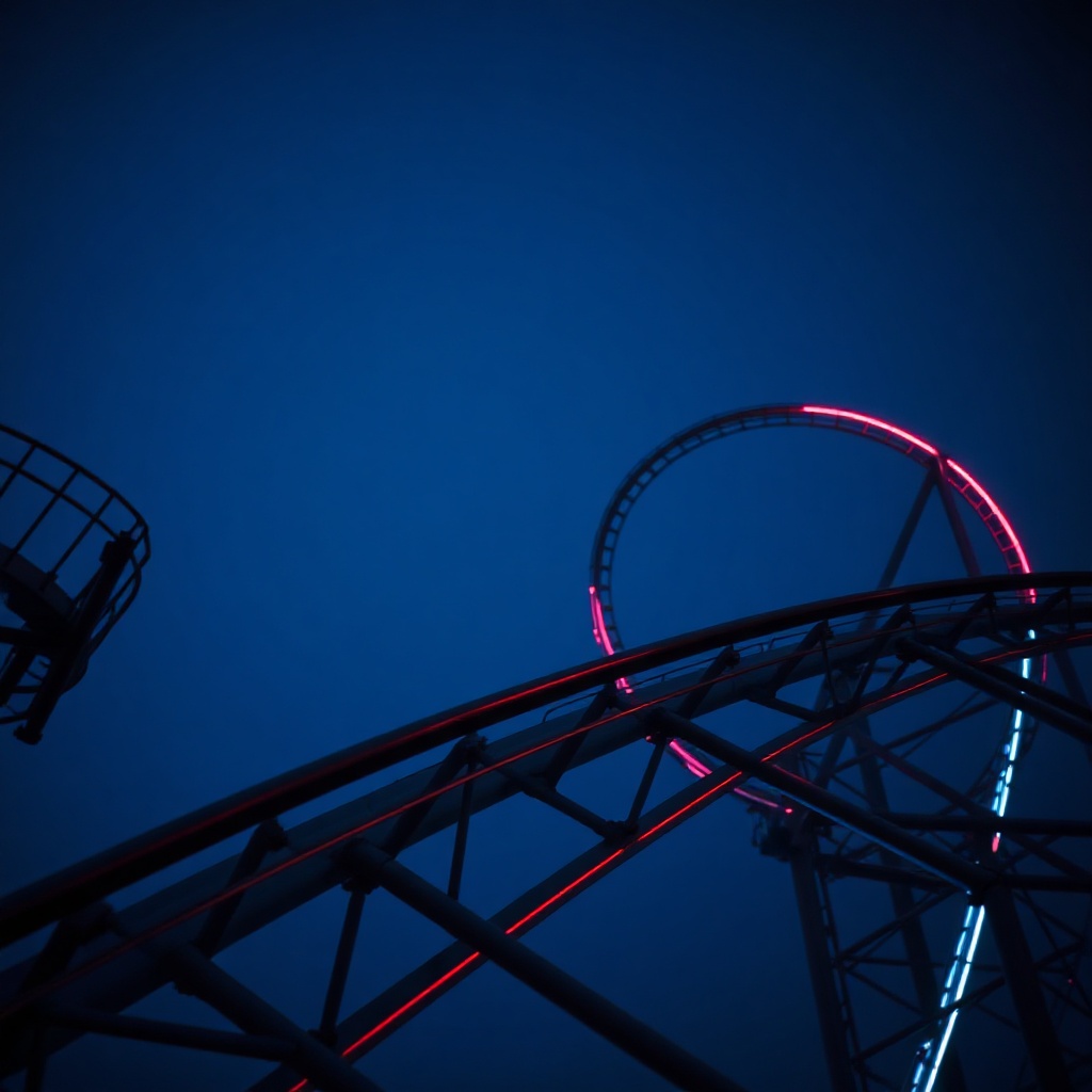 Roller coaster track at night with lights
