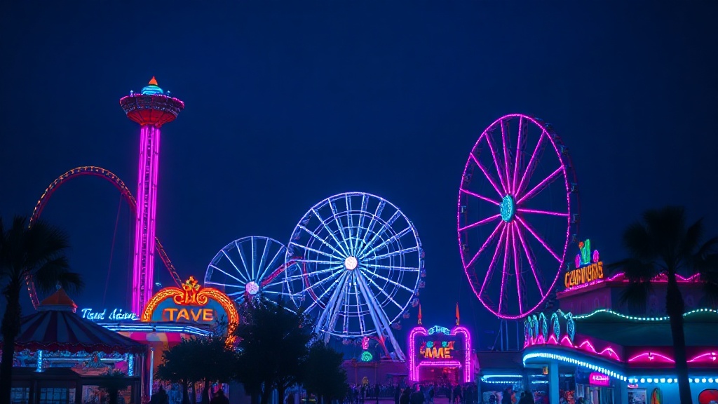 Colorful theme park at night with roller coaster lights
