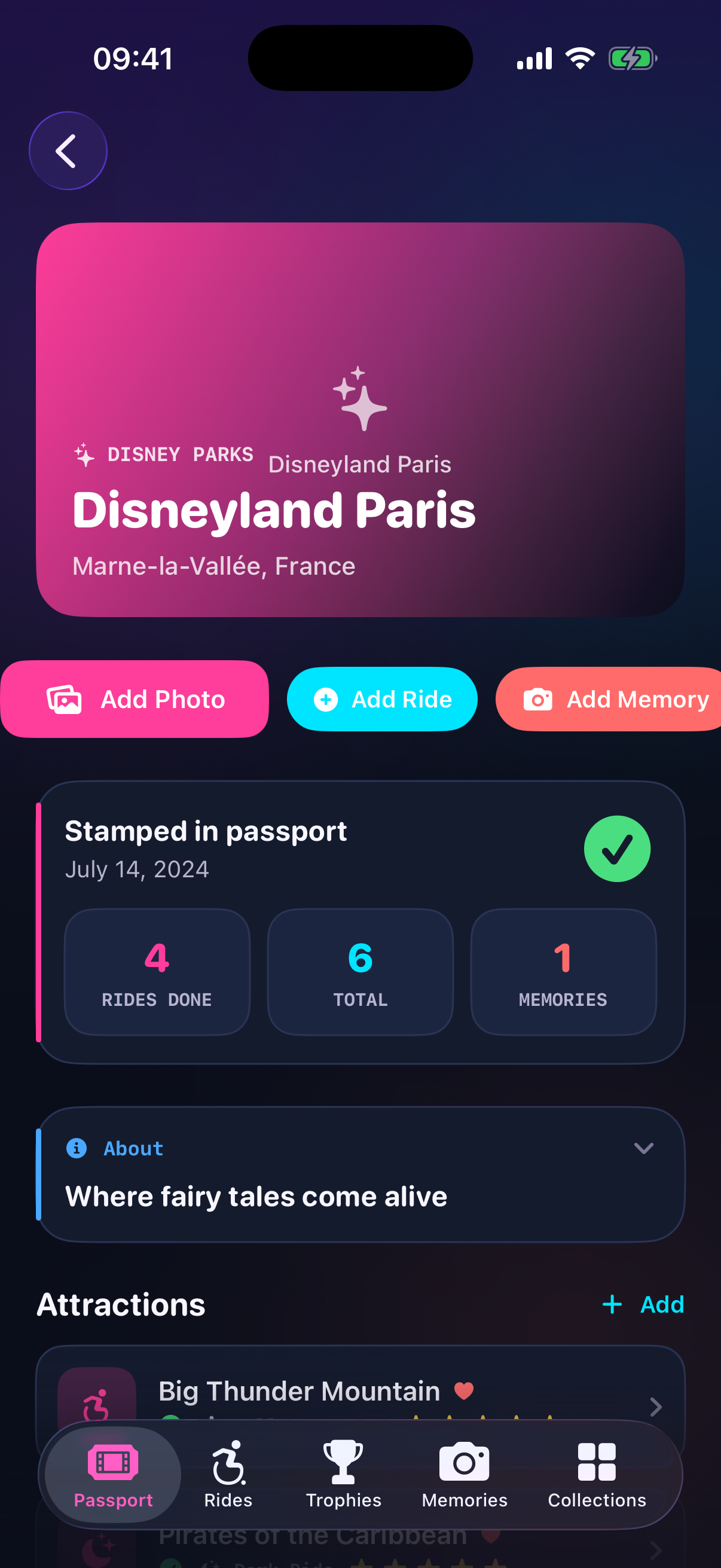 Park detail screen in Theme Park Passport